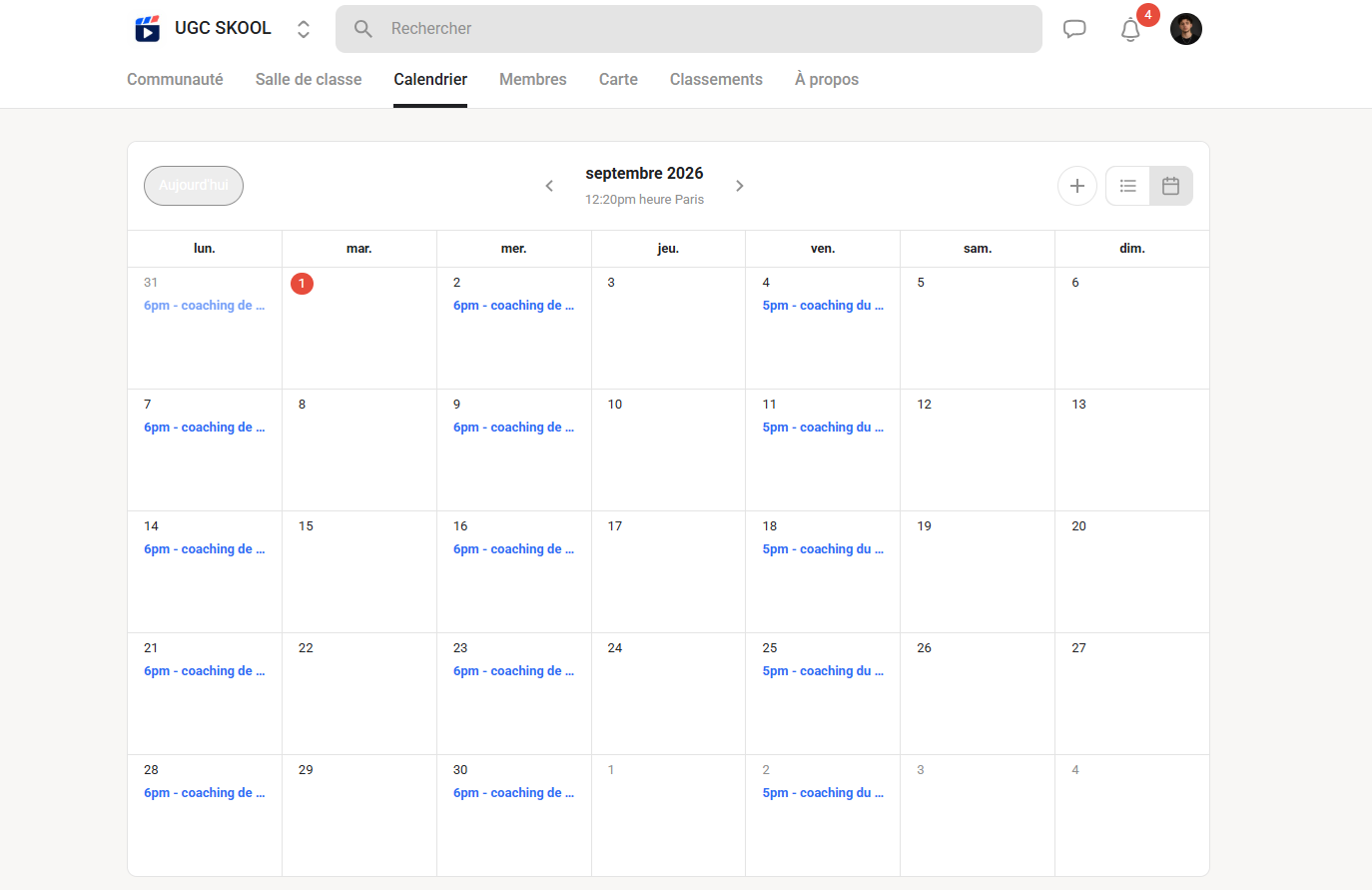 Calendrier des coachings live UGC Skool lundi, mercredi et vendredi